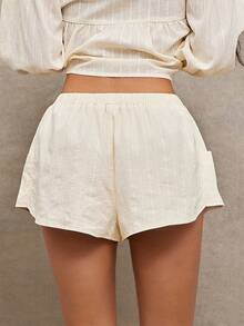 WESTFADE 中腰宽松版型 100% 刺绣条纹棉质短裤 - 杏色 - 查看 4