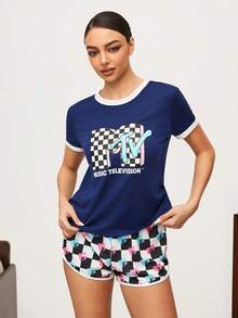 MTV | SHEIN Women's Letter & Checkerboard Print Contrast Trim Round Neck Short Sleeve Top And Shorts Pajama Set - Navy Blue - View 3