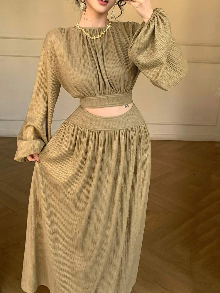 Elegant Women's 2 Pieces Set - Khaki Top And Skirt, Casual, Work, Wedding, Spring/Summer