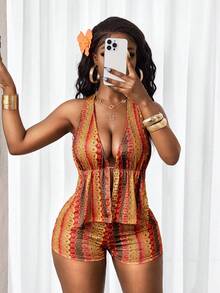 SHEIN BamGlam Women's Summer Vacation All-Over Print Halter Backless Tie-Back Top - Multicolor - View 4