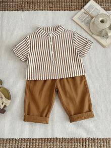 SHEIN Baby Boys Everyday Casual Co-Ord Set With Striped Stand Collar Short Sleeve Shirt And Long Pants Button Front Multicolored Polyester Outfit - Multicolor - View 6