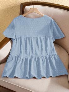 Rusticease Blus Peplum Panjang Ukuran Plus Warna Biru Muda dari Kain Tenun dengan Lengan Pendek Bergelombang dan Hem Berkerut untuk Wanita Ukuran Plus - Baby Blue - View 2