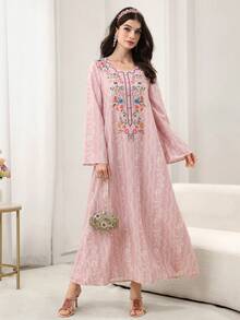 Yasmyna V-Neck Floral Print Front Button Abaya, Pink - Pink - View 6