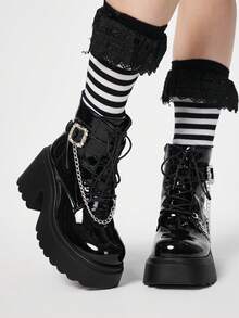 ROMWE 女士高跟凉鞋 - 2025 新款时尚秋冬朋克风深色 PU 圆头高跟厚底靴，镶钻英伦风系带链条踝靴，增高款，适合娇小身材 - 黑色 - 查看 1