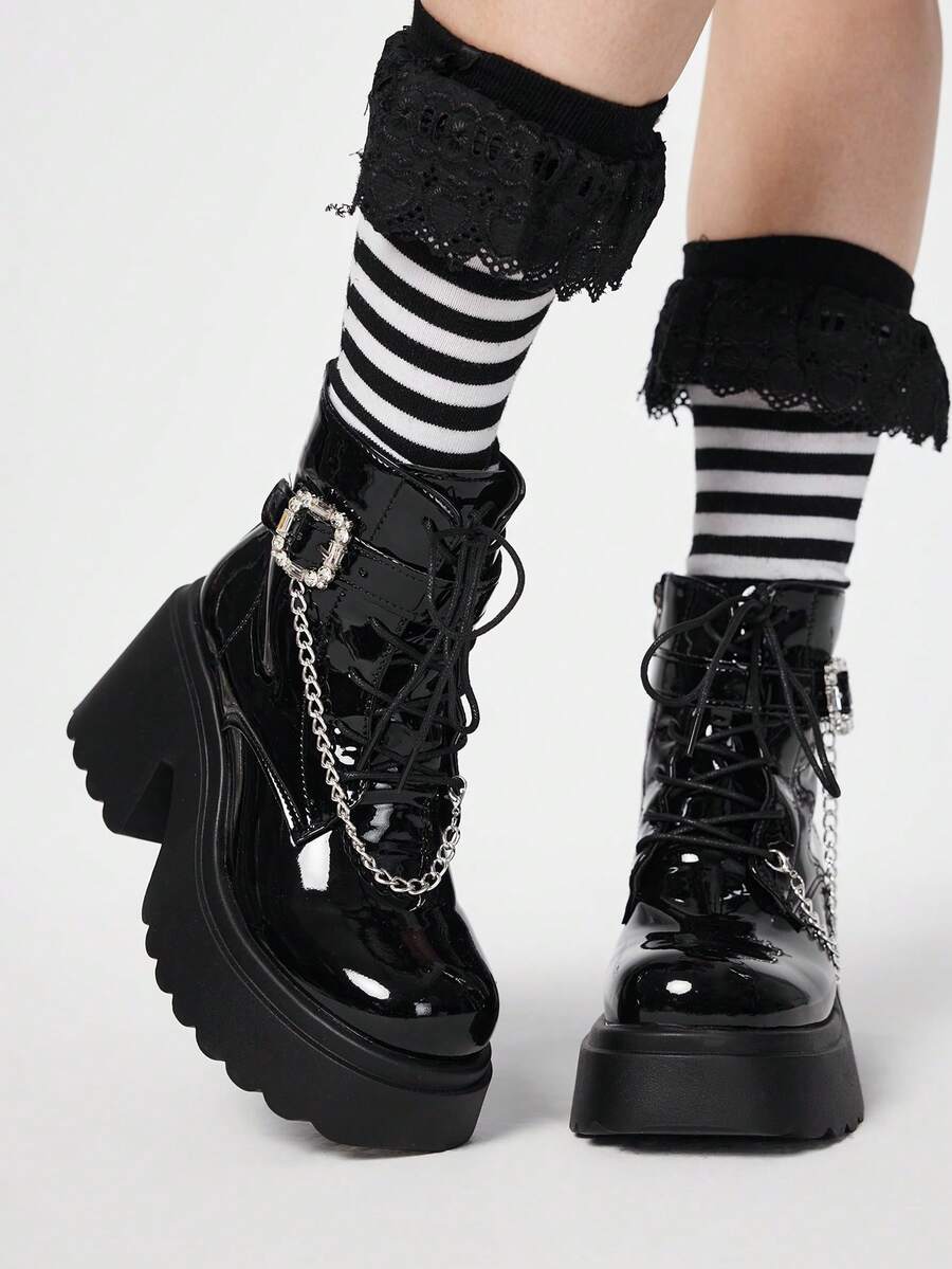 ROMWE 女士高跟凉鞋 - 2025 新款时尚秋冬朋克风深色 PU 圆头高跟厚底靴，镶钻英伦风系带链条踝靴，增高款，适合娇小身材 - 黑色 - 查看 1