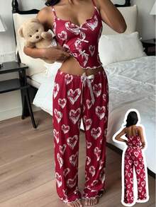 ZzzCrew 爱心印花吊带背心和裤子睡衣套装 - 紅色 - 查看 1