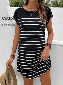 SHEIN Frenchy Striped Print Botton Short Batwing Sleeve Tee Dress,Black Dress For Women - Black - View 7