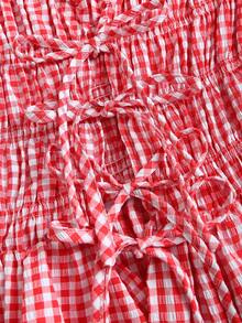 Sweetra Women's Plaid Tie-Waist Short Sleeve Shirt, Spring/Summer - Red - View 5