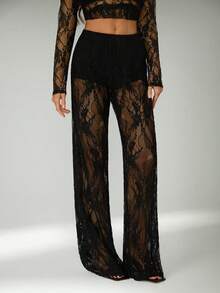 SHEIN Tall Pantalones largos de encaje transparente de unicolor para mujer, pantalones de moda, atuendos de vacaciones para mujer, pantalones transparentes de encaje, conjunto de encaje para mujer, atuendos de vacaciones para mujer - Negro - Ver 9