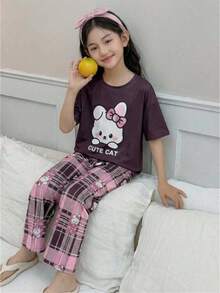 2件套 少女可爱兔子字母印花圆领宽松T恤和格子阔腿裤睡衣 - 彩色 - 查看 4