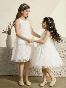 SHEIN 小女孩无袖白色蝴蝶刺绣吊带连衣裙，配白色斜挎包，优雅派对公主裙，夏季度假装 - 白色 - 查看 1