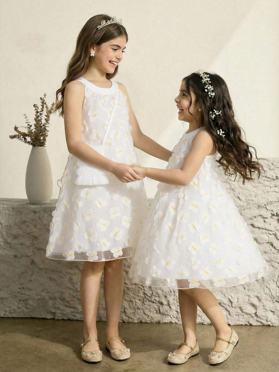 SHEIN 小女孩无袖白色蝴蝶刺绣吊带连衣裙，配白色斜挎包，优雅派对公主裙，夏季度假装 - 白色 - 查看 1