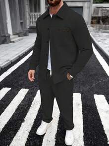 Manfinity Homme Men's Pocket Shirts & Elasticated Waistband Pants Two Pieces Jacket Suit Men Casual Suit Men Co Ord Men Black Two Pieces Set Men Joggers Suit, For Winter - Black - View 3