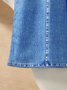 SHEIN Elladie kids Youth Girl Everyday Casual Short A Line Dress Blue Imitation Denim Print Colorblock With Round Neck Short Puff Sleeve Button Front - Blue - View 6