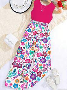 SHEIN Tween Girl Solid Color Round Neck Tank Top And Floral Print Wide Leg Pants Casual Outfit - Multicolor - View 7