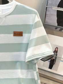 SHEIN 2件套青少年男童休闲条纹弹力圆领短袖T恤和工装短裤套装，适合通勤、上学、日常休闲、运动、春夏穿着。 - 薄荷綠 - 查看 5