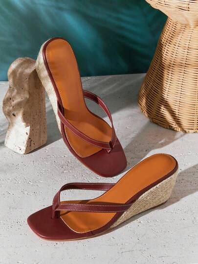 SHUZIA New Women's Small Thong Wedge Coffee Color, Slide-In Comfort Square Toe Spring Summer Chic Holiday Shoes