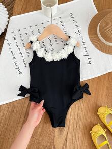 Emery Rose Kids Emery Rose Kids 女童针织黑白撞色花卉3D蝴蝶结泳衣，春夏款 - 黑與白 - 查看 2