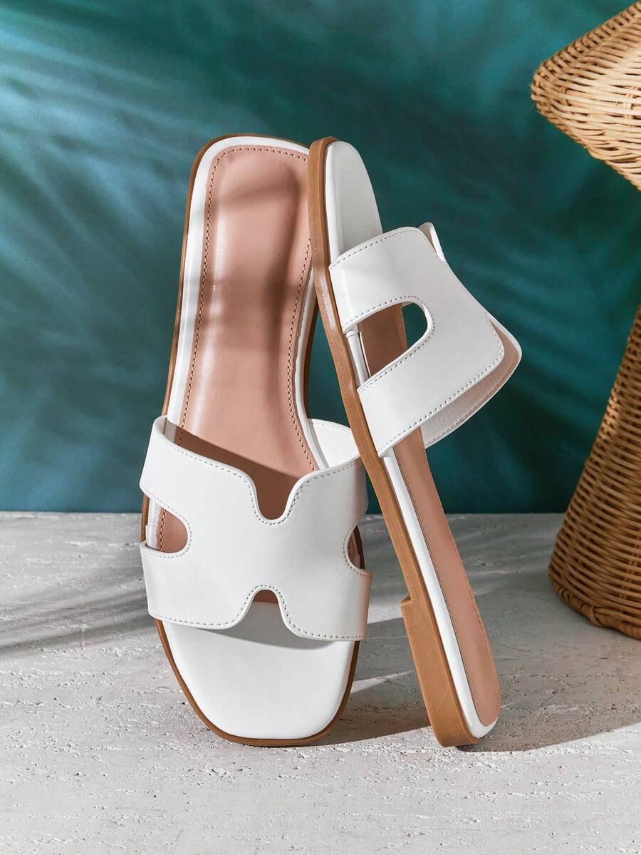 SHUZIA 畅销女式奢华风格露趾镂空简约 PU 白色拖鞋