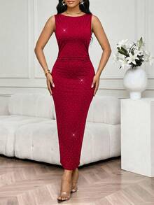 SHEIN Lady Vestido Longo Ajustado Plissado com Decote Redondo, Sem Mangas e Decoração de Strass em Cor Sólida para Mulheres - Vinho - Visão 4