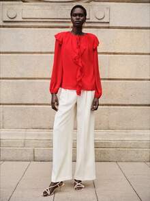 Lumivelle Women's Fashion Ruffle Front Shirt, Valentine's Day Series Red Blouses Ruffle Blouse Long Sleeve Blouse - Red - View 5