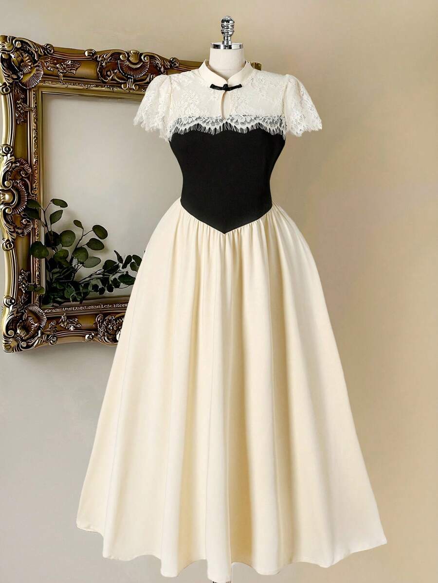 Rometta 大码女装夏季新款立领纽扣撞色复古优雅修身蕾丝边连衣裙，适合宴会、晚会、艺术表演、中国主题派对、摄影等场合。 - 彩色 - 查看 1