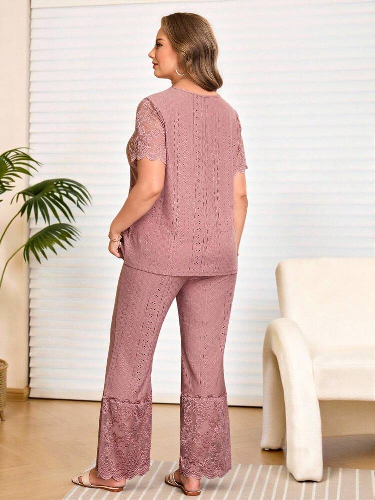 Plus Size Women Lace Patchwork Pink Short Sleeve Top And Flare Pants Elegant 2 Pieces Set,Vacation/Summer/Spring