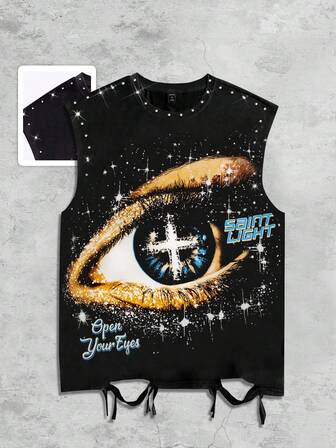 Grunge Punk Punk Style Street Graphic Print Sleeveless Crew Neck Tank Top With Rhinestones And Distressed Details, Men Summer