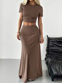 SHEIN EZwear Brown Knit Women's Slim Fit Commuter Suit - Brown - View 1