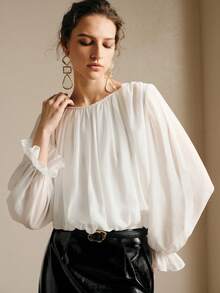 Arave Women's Knitted Contrast Lace Round Neck Puff Sleeve Cuff Tassel Floral Unique Design Casual Sexy Vacation Party Bodysuit White Blouse - White - View 7