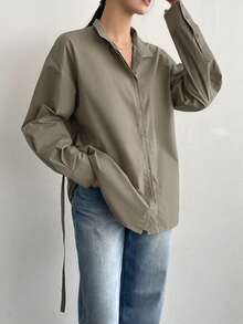 Dazy-Less Loose Business Casual Long Sleeve Shirt For Women, With Drawstring Waist Design, Suitable For Office, Commuting, Spring/Summer/Autumn - Dark Grey - View 5