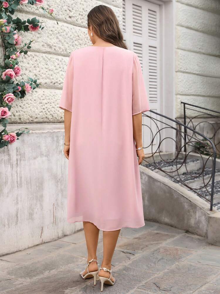 Plus Size Women Faux Pearl Decor Round Neck Loose Elegant Midi Dress For Summer/ Vacation Solid Color Dress Pink Casual Dress Pastel Dress Plus Size Summer Outfits Formal Attire For Women Elegant Long Dress