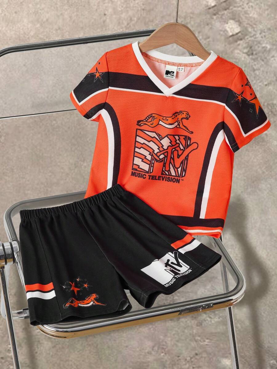 MTV | SHEIN 2pcs/Set Young Boy Colorblock V-Neck Animal Print Short Sleeve T-Shirt And Shorts Set - Orange - View 1