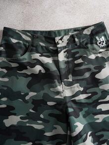 SHEIN Trolls Men's Casual Fashionable Street Camo Print Skull Embroidery Denim Shorts, Suitable For Daily Commute In Summer - Army Green - View 3