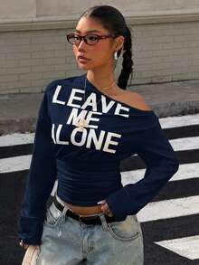 Muchica 女士白色字母印花斜肩收腰露脐长袖钴蓝色T恤，适合外出、街头穿搭、Y2K风格 - 寶藍色 - 查看 5