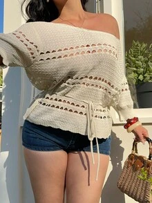 Sunnyshic 女士休闲简约优雅浪漫温柔日常通勤街头风百搭度假野餐设计感上衣，露肩短袖抽绳镂空荷叶边杏色收腰大码套头衫时尚针织钩编毛衣 - 杏色 - 查看 4