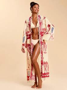 Travachic 女士度假字母鱼印花流苏边宽松和服罩衫 - 彩色 - 查看 4