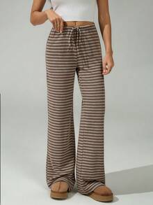 SHEIN Tall Women's New Brown Striped Low-Waist Pants, Autumn/Winter,Fall - Multicolor - View 9
