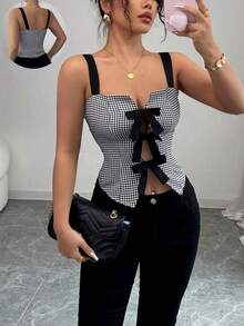 Selianne 优雅无袖蝴蝶结千鸟格收腰短款背心，春夏