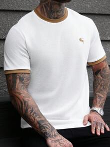 Manfinity CasualCool Men's Contrast Color Embroidered Logo Pullover T-Shirt, Suitable For Home, Outing And Gatherings - White - View 2