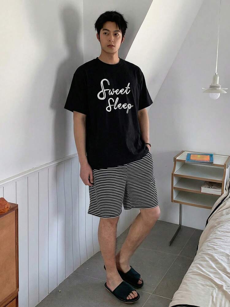 Men's Summer Short Sleeve Letter Print T-Shirt And Shorts Pajama Set