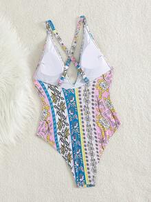 Bonvoyette 女士春夏沙滩音乐节印花V领露背甜美可爱风格连体泳衣 - 彩色 - 查看 2