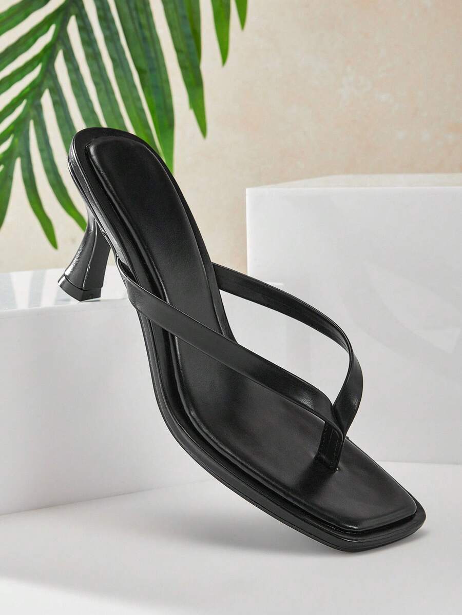 SHUZIA Women's Minimalist Comfortable Square Toe Thong Strap Heeled Sandals - Black - View 1