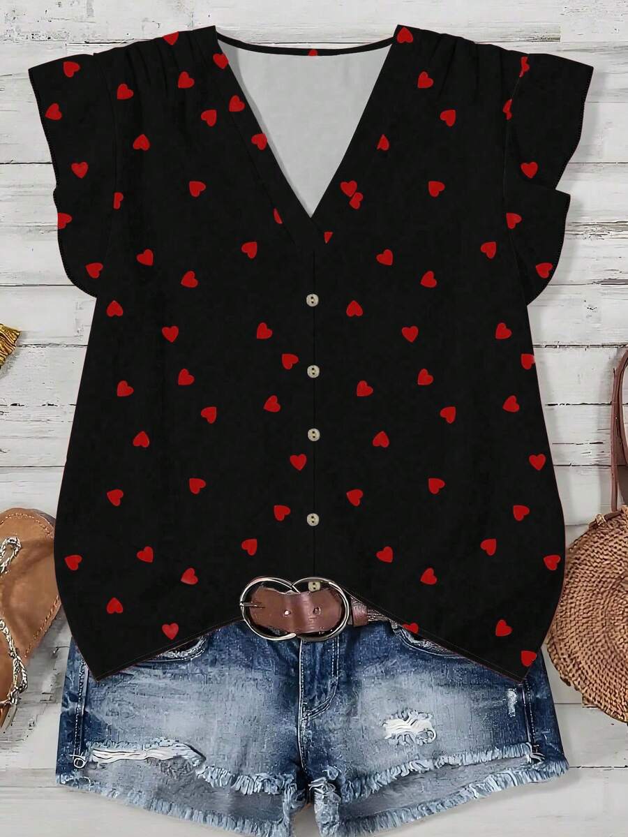 EMERY ROSE 女士爱心印花V领短袖纽扣设计休闲衬衫，适合夏季狂欢节、情人节等场合，黑色可爱衬衫，工作衬衫，情人节上衣，情人节约会 - 紅色和黑色 - 查看 1