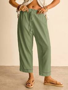Freevana Pantalones casuales de pierna recta con lazo en la cintura para mujer de talla grande - Verde - Ver 4