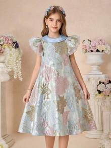 SHEIN 时尚优雅的少女无袖A字连衣裙 - 藍色 - 查看 3