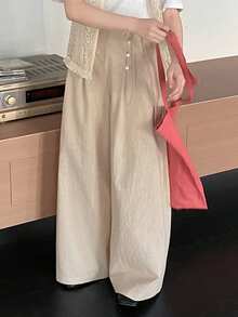 FRIFUL 女士纯色100%棉抽绳腰斜襟纽扣直筒裤，宽松休闲百搭长裤 - 卡其色 - 查看 4