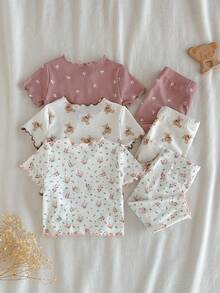 Loomiva 4 buc. Set de pijamale tricotate cu nervuri pentru nou-născuți și fetițe, vară casual, model floral, cu volane, guler rotund, mânecă scurtă, top și pantaloni - Multicolor - Vizualizare 2