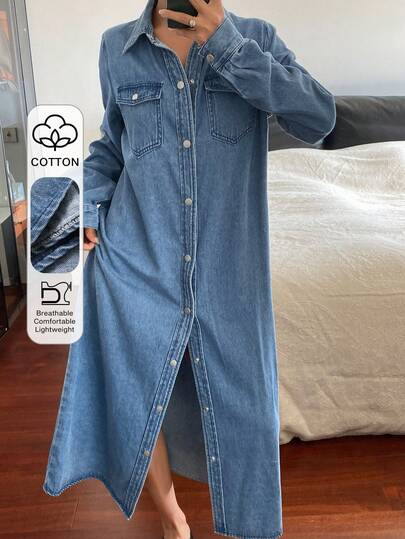 Livesso 复古水洗原色中长直筒牛仔连衣裙，宽松休闲商务办公装，适合秋、冬、春季穿着。