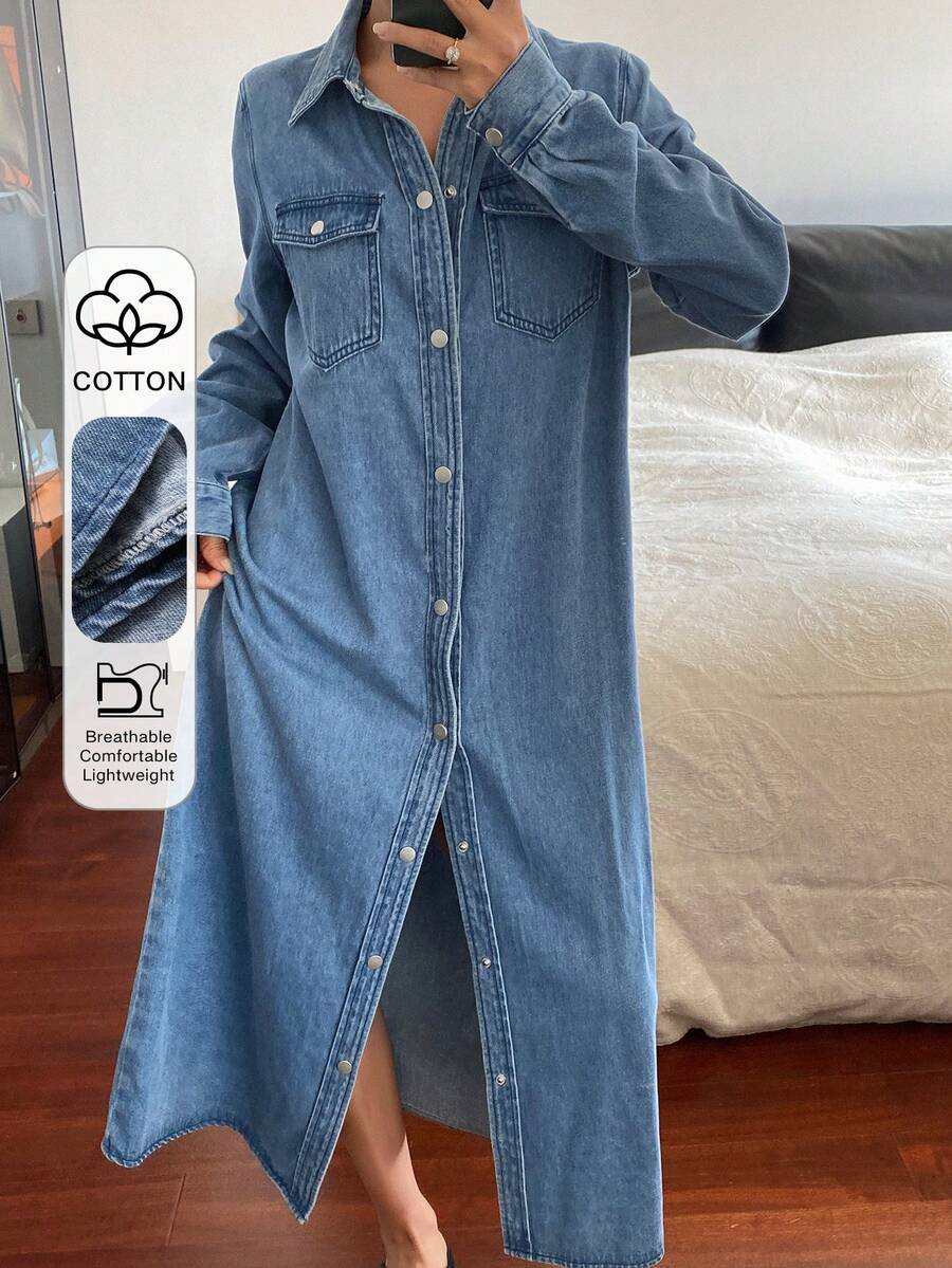Livesso 复古水洗原色中长直筒牛仔连衣裙，宽松休闲商务办公装，适合秋、冬、春季穿着。 - 中等水洗藍 - 查看 1